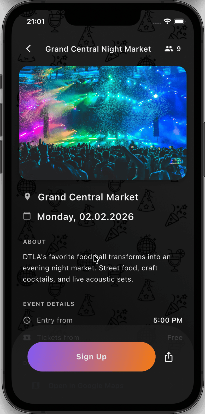 Event detail view with venue info and sign up